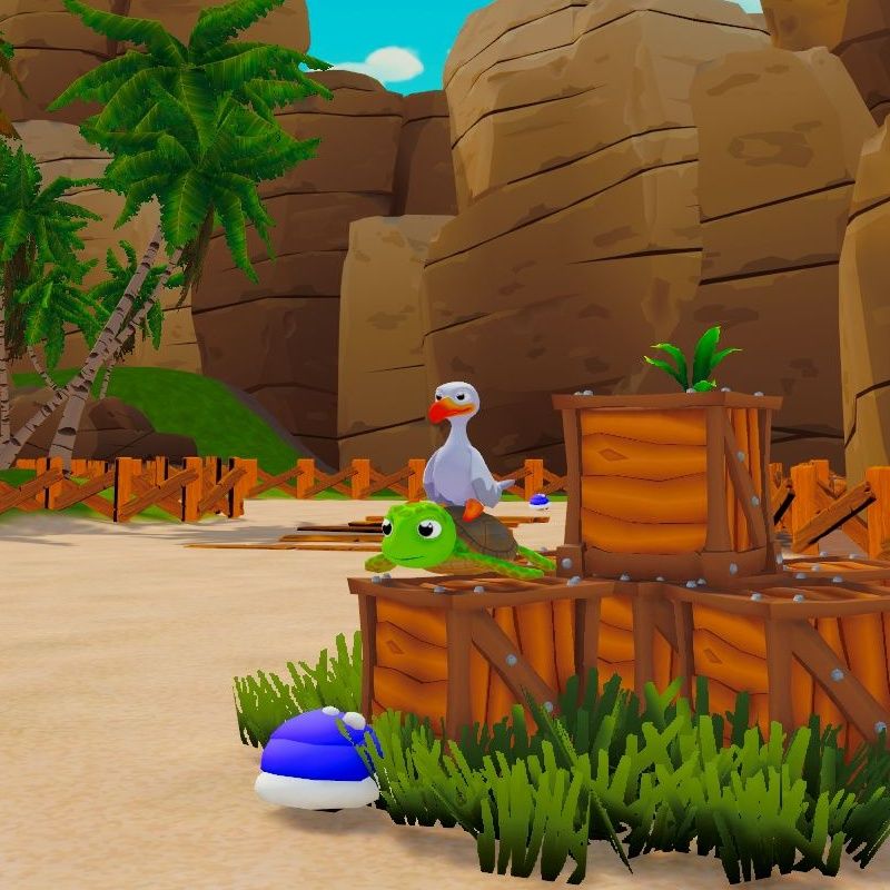 Out of Water: the seagull and turtle by a crate in a beach level
